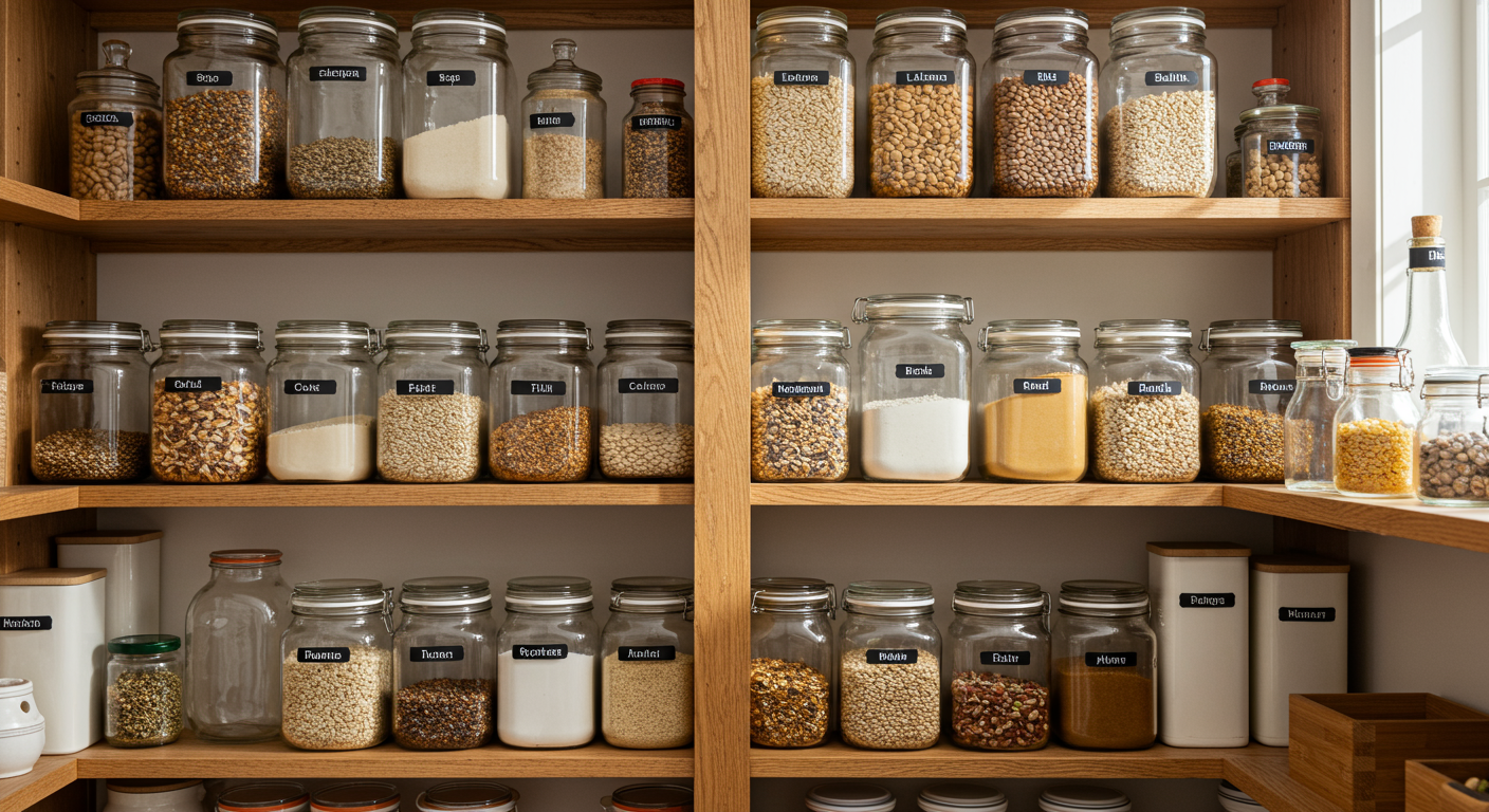Garde-manger bien rangé avec bocaux et contenants étiquetés