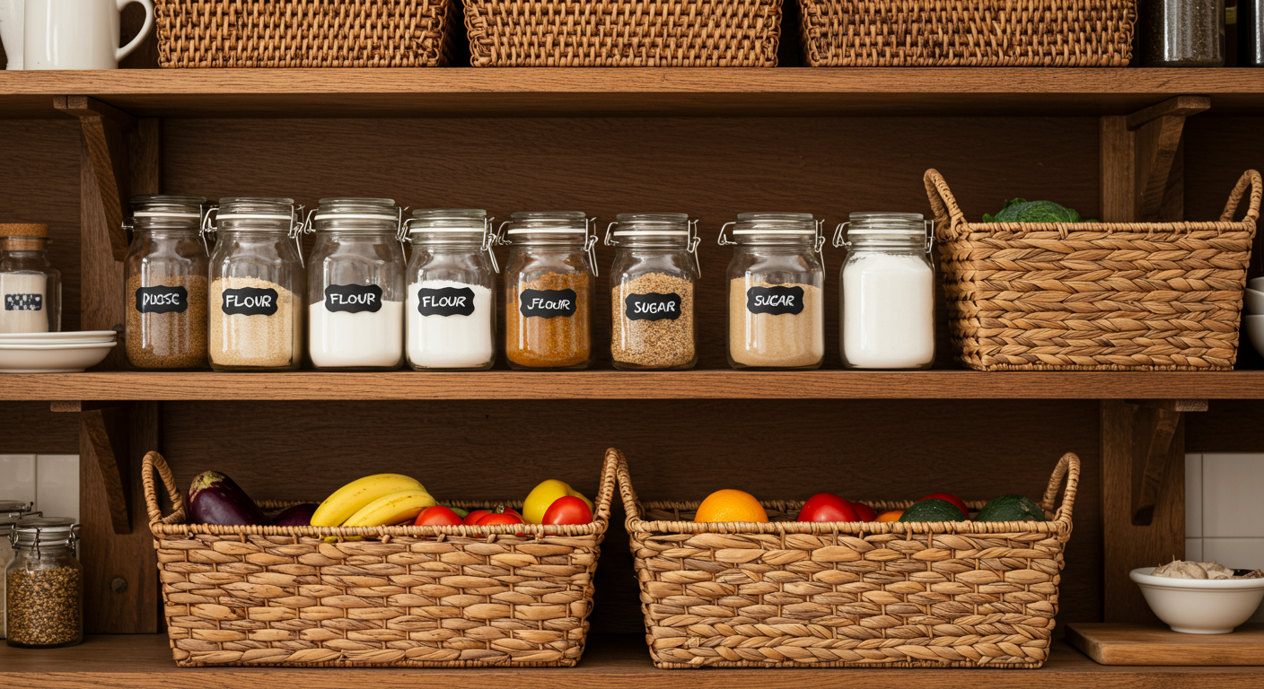 Étagères de cuisine avec paniers en osier et bocaux à épices