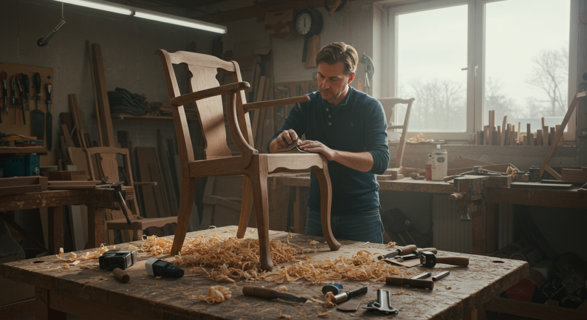 Restauration et rénovation d une vieille chaise en bois dans un atelier